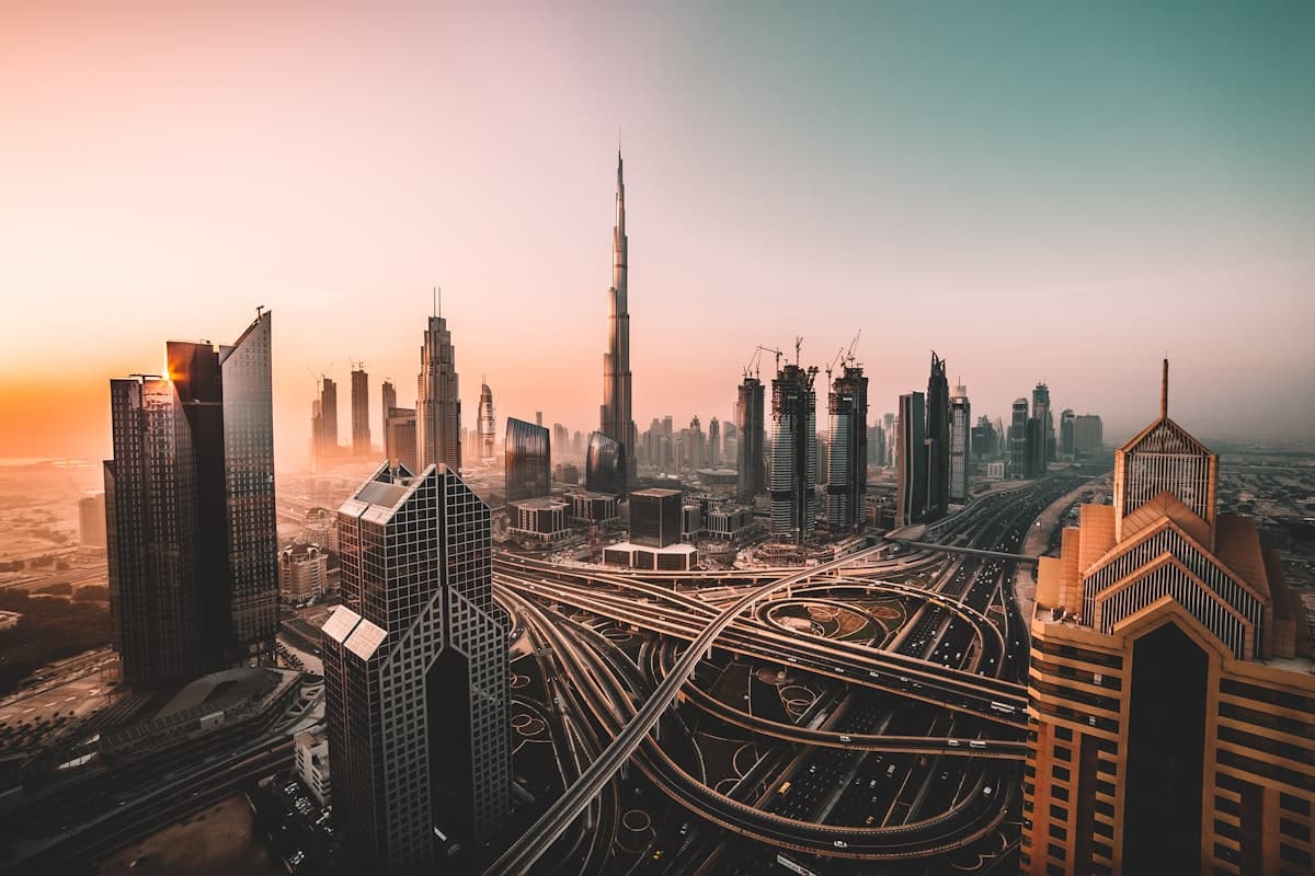 Dubai skyline with the Burj Khalifa and apartment towers at sunset